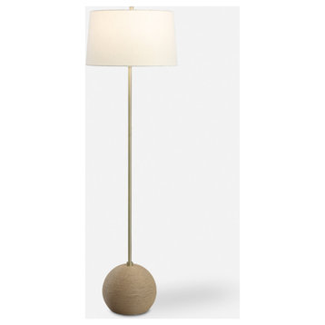 Natural Rattan Wrapped Ball Foot Floor Lamp 65 in Antique Brass Coastal Casual