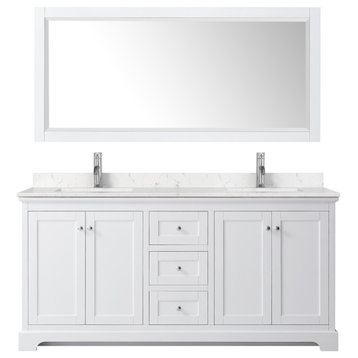 72, Double Vanity, White, Light-Vein Marble Top, SQ Sinks, 70, Mirror