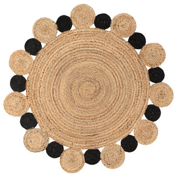 Ayana Two-Tone Jute Hippy Circle Round Area Rug, Natural/Black, 6' Round
