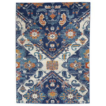 5' X 7' Blue And Ivory Floral Power Loom Area Rug