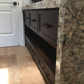 Custom handcrafted wood bathroom vanity dark wood stain, floating shelves
