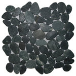 CNK Tile - Sliced Charcoal Black Pebble Tile - Each pebble is carefully selected and hand-sorted according to color, size and shape in order to ensure the highest quality pebble tile available. The stones are attached to a sturdy mesh backing using non-toxic, environmentally safe glue. Because of the unique pattern in which our tile is created they fit together seamlessly when installed so you can't tell where one tile ends and the next begins!