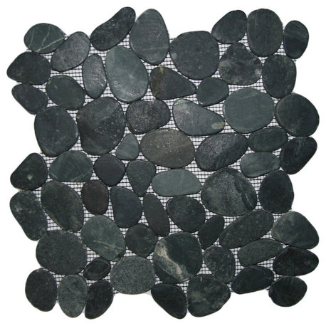 Premium Sliced Charcoal Black Pebble Tile with Mesh Backing, 12x12 Sheet