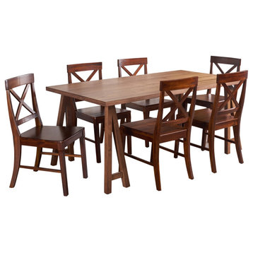 GDF Studio 7-Piece Sambora Farmhouse Dining Set With Rich Mahogany Chairs, Natural Walnut