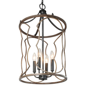 LNC Farmhouse Lantern 4-Light Brushed Black Chandelier With Wood Accent