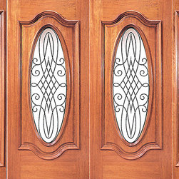 Prehung Mahogany Oval Lite Front Double Door Two Side lights - Front Doors