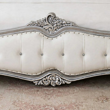 Handcrafted French Provincial Footboard | Carved Teak Wood & Tufted Upholstery