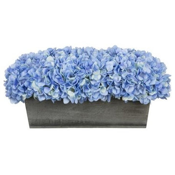 Artificial Blue Hydrangea in Grey-Washed Wood Ledge