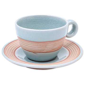Novica Handmade Aqua Oasis Celadon Ceramic Cup And Saucer