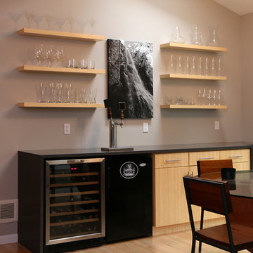 Contemporary Kitchen with Glass Backsplash & Bamboo