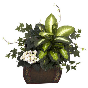 African Violet, Dieffenbachia and Ivy With Chest Silk Plant