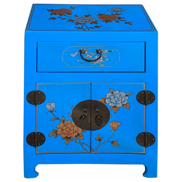 Chinese Bright Blue Vinyl Moon Face Flower Birds End Table Nightstand Hcs7131
