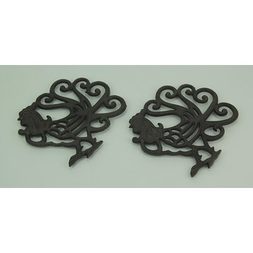 Black Scroll Tail Rooster Cast Iron Trivet Set of 2