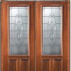 Prehung Transom Double Door 96 Mahogany Kensington 2/3 Lite Glass - Front Doors