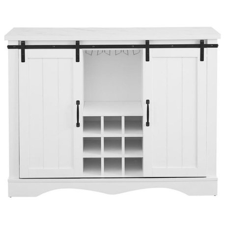 LIVILAND 47 in White Buffet Bar Cabinet Barn Door w/ Marbling Pattern Countertop