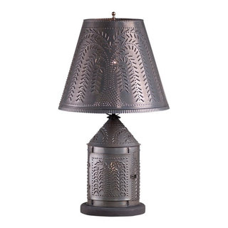 KEEPING ROOM new Smokey Black tin Table lamp w/ Punched tin Willow Shade 