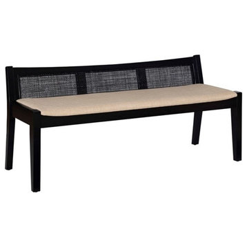 Linon Memphis Wood Bench Woven Cane Back Beige Padded Seat in Black Finish
