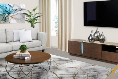 Example of a small classic enclosed carpeted and brown floor living room design with beige walls