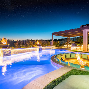 Modern Swimming Pool, Spa, Sunken Firepit, Outdoor Shower, and Beach Entry