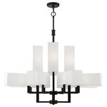 Livex Lighting - Rubix 12 Light Black Extra Large Foyer Chandelier - This chandelier from the Rubix collection has a crisp, clean look and contemporary appeal. The angular arms feature a black finish. The off-white fabric hardback shades offers warm light for your surroundings.