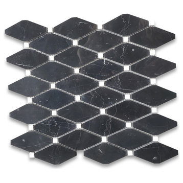 Nero Marquina Black Marble Octave Rhomboid Chipped Diamond Mosaic Tile, 1 sheet