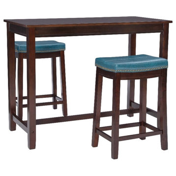 Linon Claridge Wood 3 Piece Counter Dining Set Blue Faux Leather in Brown Stain
