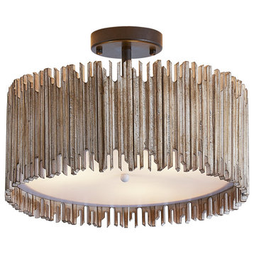 Farmhouse Wooden Cage Semi-Flush Mount Lighting With 3-Light