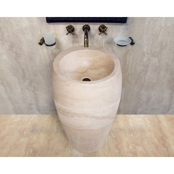 Troia Light 3 piece Travertine Pedestal Stand-alone Sink Curved Honed, D16", H