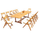 Teak Deals - 13-Piece Outdoor Teak Dining: 117" Masc Rectangle Table, 12 Surf Folding Chairs - Set includes: 117" Double Extension Rectangle Dining Table and 12 Folding Arm Chairs.