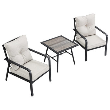 3 Piece Patio Bistro Set, Square Side Table & Armchairs With Tufted Back Cushion