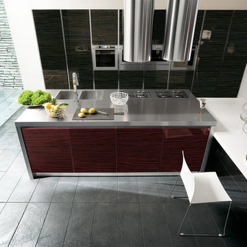 Modern brown white and burgandy kitchen