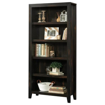 Rustic Tall Bookcase, 3 Adjustable Shelves & 2 Fixed Shelves, Char Pine Finish