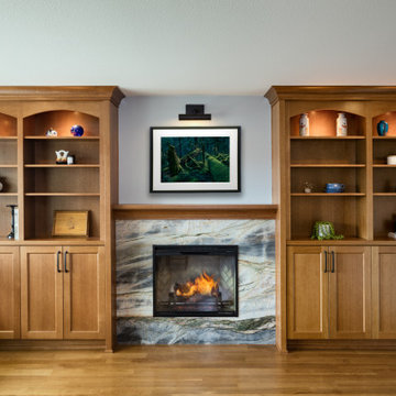 Stone Fireplace & Golden Oak Bookcases