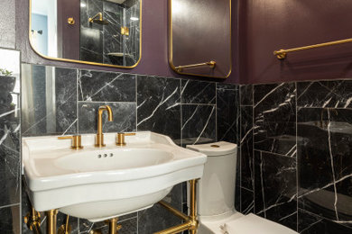 Inspiration for a mid-sized modern master black tile and porcelain tile marble floor, white floor and single-sink alcove shower remodel in DC Metro with a two-piece toilet, purple walls, a pedestal sink and a hinged shower door