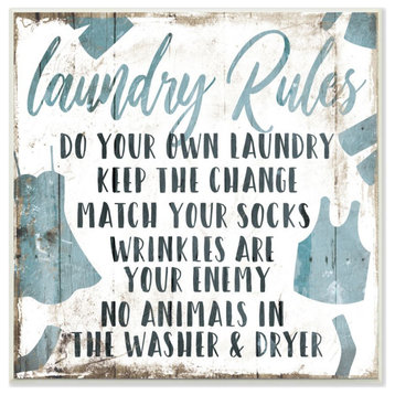 Laundry Rules Bathroom Wood Te"xtured Blue Word Design, 12"x12"