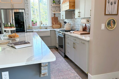Inspiration for a large country l-shaped kitchen pantry remodel in Seattle with gray cabinets, an island and multicolored countertops