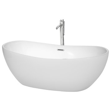 65" Freestanding Bathtub,White,Floor Mounted Faucet, Drain,Trim,Polished Chrome