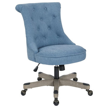 Classic Office Chair, Wooden Base With Button Tufted Back & Piping Trim, Sky