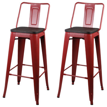Metal Red Bar Stools With Middle Back Dark Wooden Seat, Set of 2