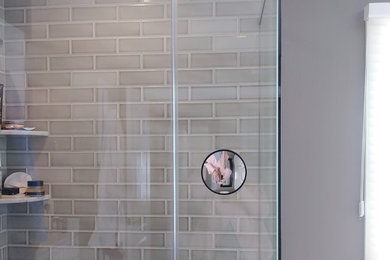 Transitional bathroom photo in Philadelphia with gray walls and a hinged shower door