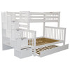 Bedz King Pine Wood Twin over Full Stairway Bunk Bed with Twin Trundle in White