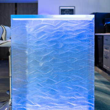 Glass private man bar and shelves with waterfall leg and led lights