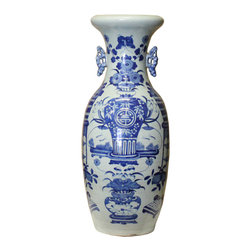 Chinese Handmade Light Pale Blue Porcelain Flower Graphic Vase - Vases