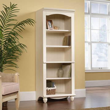 Tall Bookcase, Wood Frame With 1 Fixed & 3 Adjustable Shelves, Antiqued White