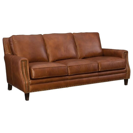 Beaumont Lane Upholstered Traditional Leather Sofa with Nailhead Trim in Brown