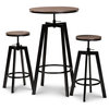 Maritta Walnut Finished and Black Metal 3-Piece Height Adjustable Bar Pub Set