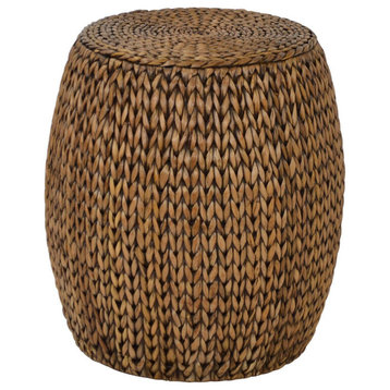 Unique Side Table, Drum Shaped Design With Banana Leaf Woven Pattern, Brown