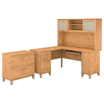Bush Furniture Somerset 60W L Shaped with Hutch and File Cabinet in Maple Cross
