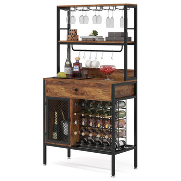 32-Bottle Freestanding Wine Rack, 5-Tier Wine Bar Cabinet with Hooks, Brown