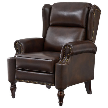 Genuine Leather Manual Recliner With Brass Nailhead, Espresso
